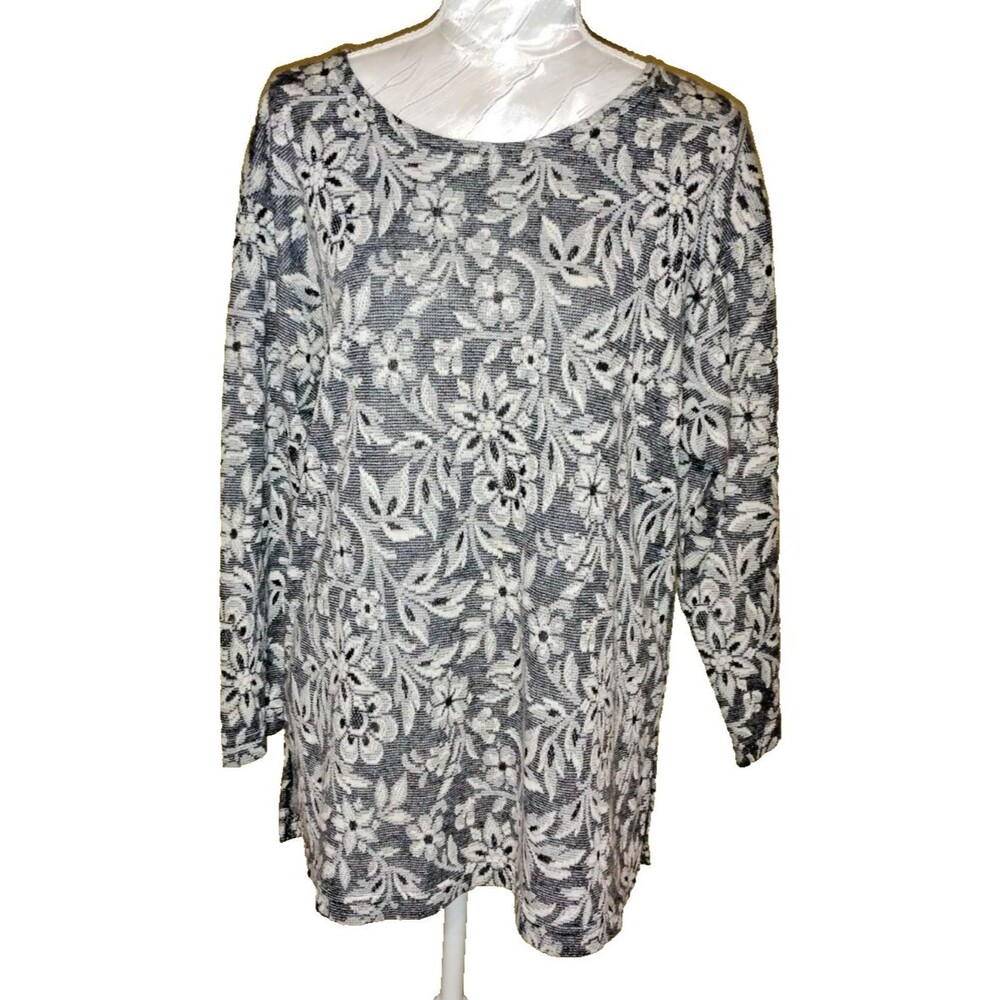 Monochrome floral round collar tight knit jaquard sweater M Whimsigoth Feminine